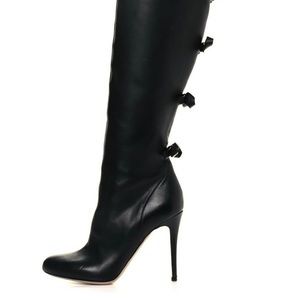 VALENTINO Black calfskin stiletto round toe over the knee boots bow back